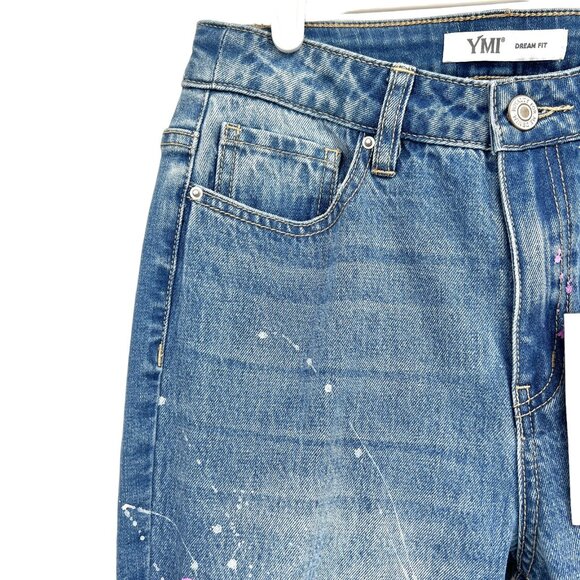 YMI Women's Distressed Splatter Paint Raw Hem Stretch  Blue Denim Jeans Size 5 - Picture 5 of 12